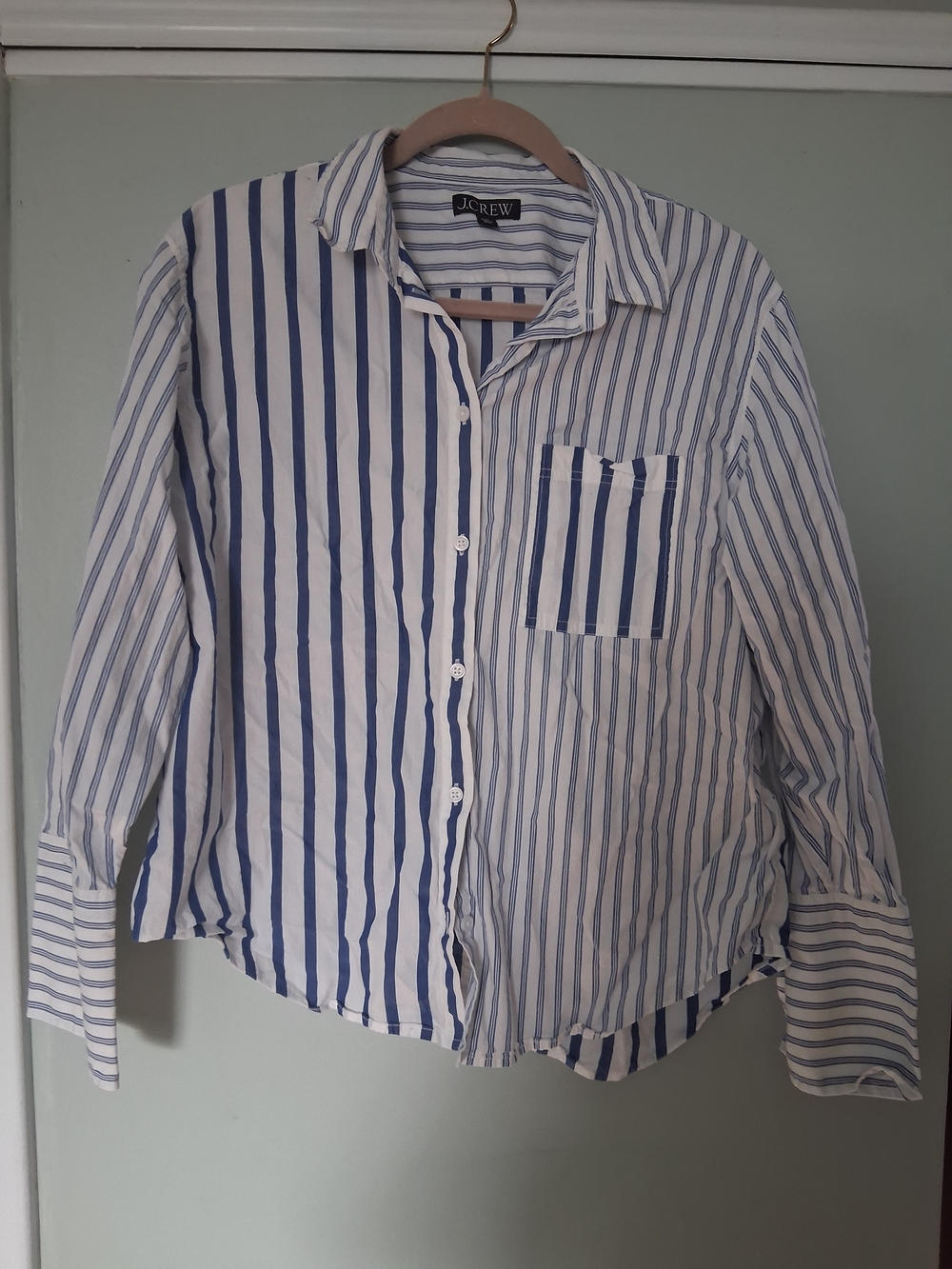 J. Crew Women’s White and Blue Vertical Stripe Button-Down Shirt